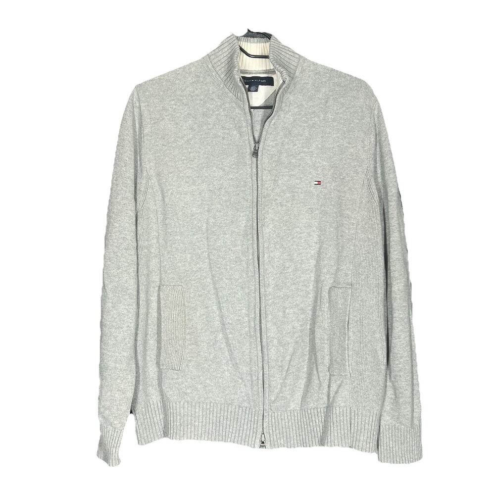 Tommy Hilfiger Sweater Mens Large Light Gray Cotton Cardigan Classic Mock Neck